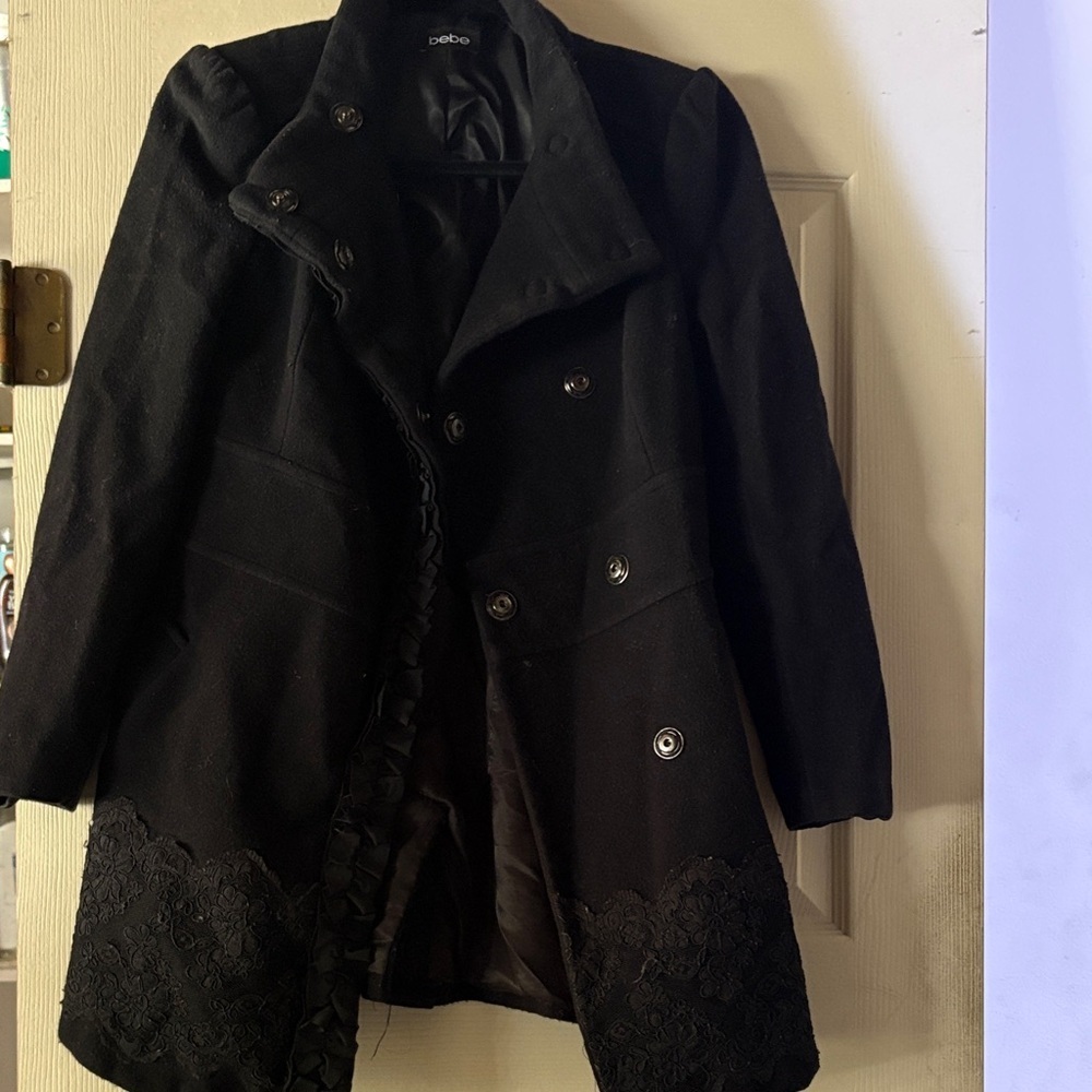 bebe Black Trench Coat with Lace Detail